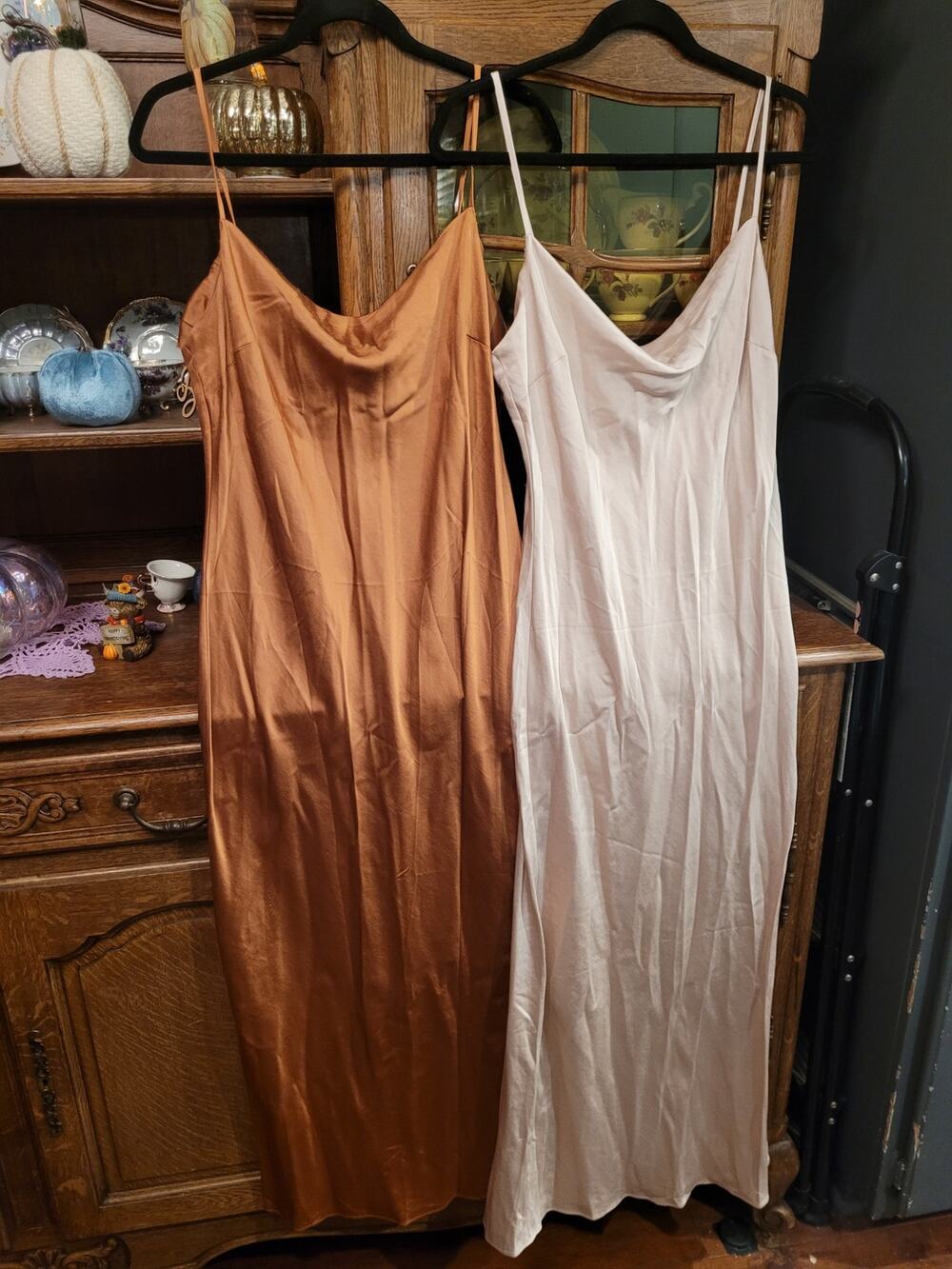 Express Satin Cowl Neck Maxi Slip Dresses Size L Lot of 2 Copper Ivory